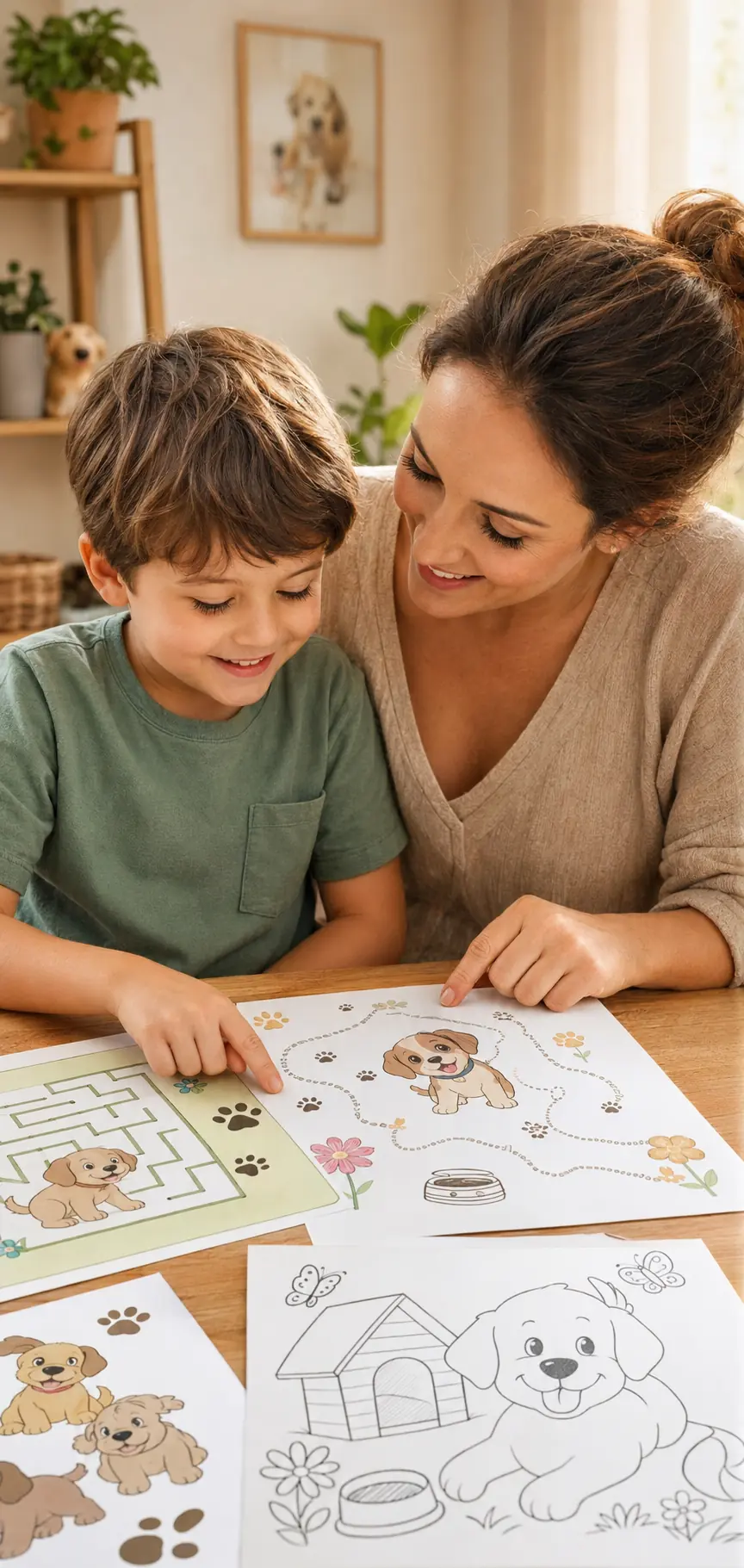 Mãe e filho brincando com as atividades